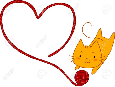 Illustration d’un chat jouant avec une pelote de laine formant un cœur