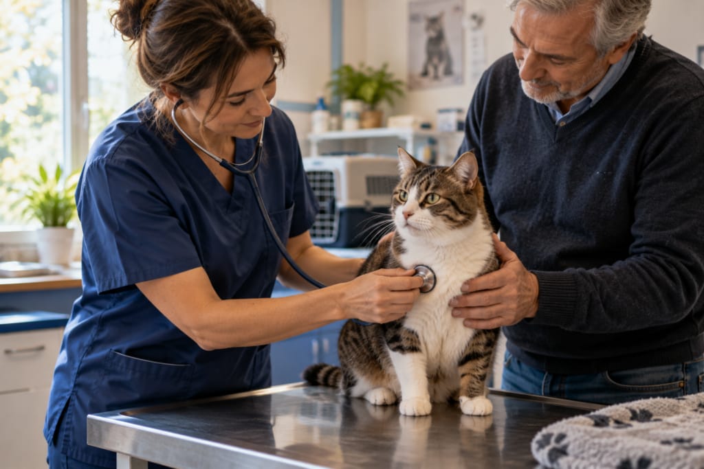 Une vétérinaire ausculte un chat tigré et blanc sur la table d’examen, tenu par un homme.