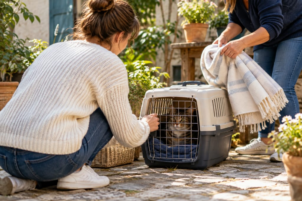 Deux personnes s’occupent d’un chat installé dans sa caisse de transport, dans une pièce pleine de plantes.