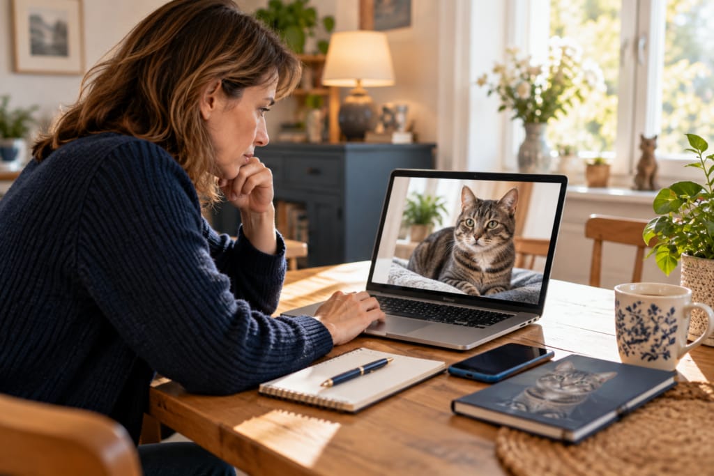 Une femme consulte une photographie de son chat sur un ordinateur portable pour préparer son signalement.