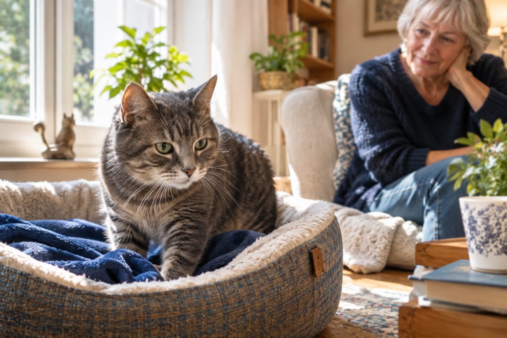 Un chat tigré âgé installé dans un panier douillet, près d’une femme assise dans un salon lumineux.