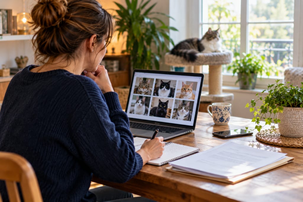 Une personne prépare sa demande de pré-adoption devant des portraits de chats sur un ordinateur.