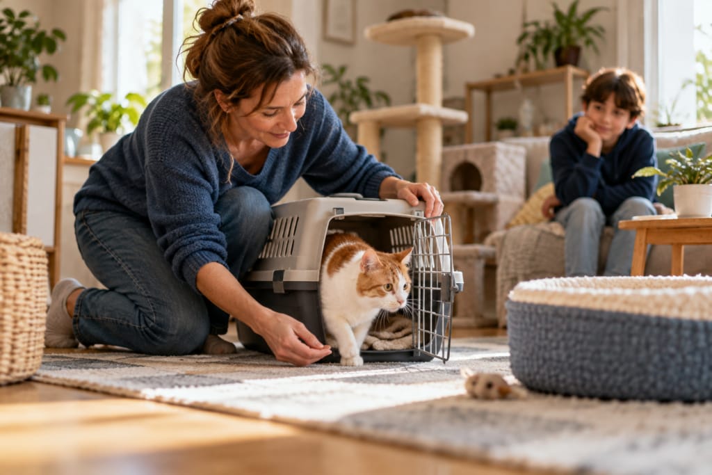 Une femme accueille un chat roux et blanc qui sort librement de sa caisse de transport dans un salon.