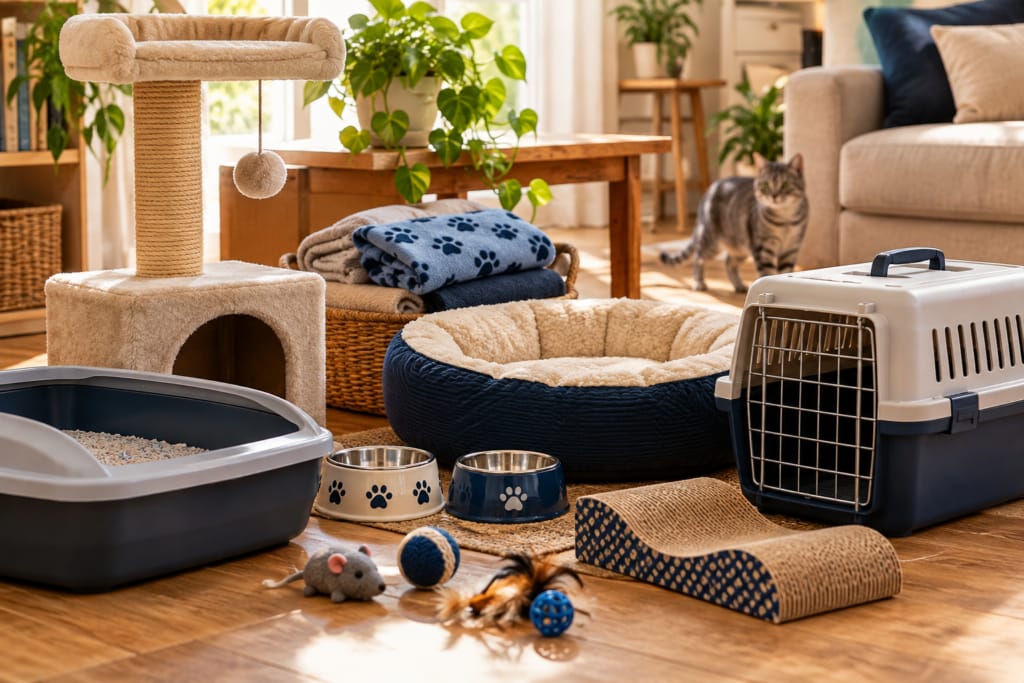 Un arbre à chat, une litière, des gamelles, un panier, des jouets et une caisse de transport réunis dans un salon.
