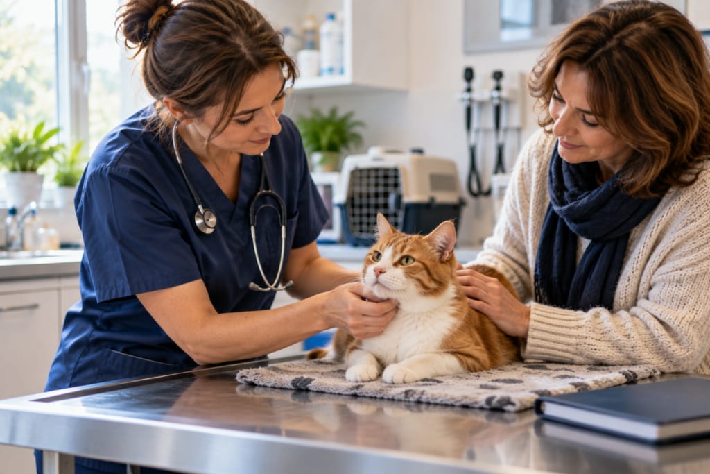 Une vétérinaire examine un chat roux et blanc sous le regard attentif d’une femme.