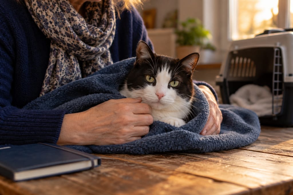Une personne enveloppe doucement un chat noir et blanc dans une couverture bleue.