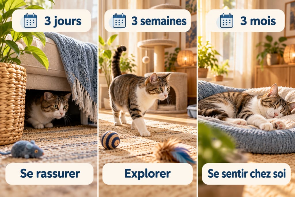 Règle des 3-3-3 : 3 jours pour se rassurer, 3 semaines pour explorer, 3 mois pour se sentir chez soi.