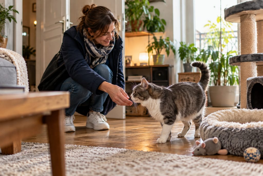 Une bénévole s’accroupit pour saluer un chat gris et blanc dans son domicile.