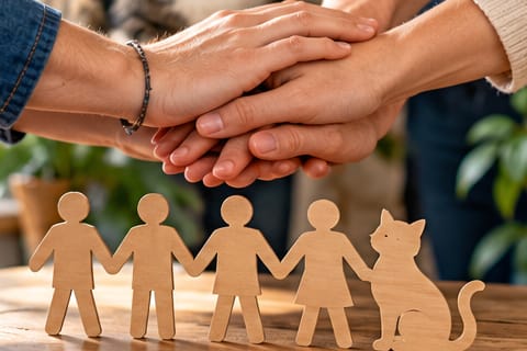 Des mains réunies au-dessus de silhouettes en bois figurant une famille et son chat.