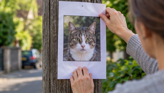 Une personne fixe une affichette avec une photographie de chat à un support dans le quartier.