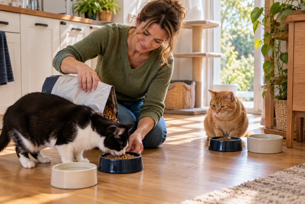 Une famille d’accueil sert des croquettes à un chat noir et blanc tandis qu’un chat roux attend près de sa gamelle.