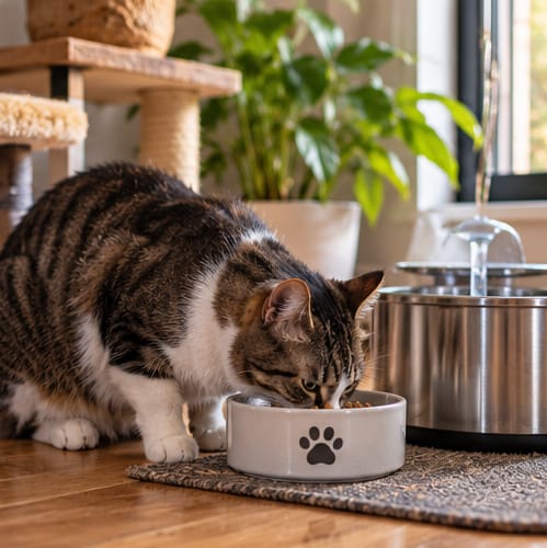 Un chat tigré mange ses croquettes à côté de sa fontaine à eau.