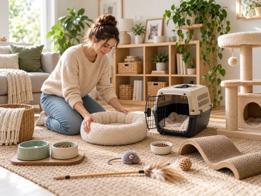 Une femme prépare une pièce d’accueil pour chat avec panier, caisse de transport, gamelles et arbre à chat.