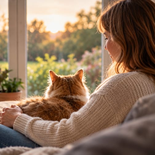 Une femme se repose près d’une fenêtre avec un chat roux installé paisiblement contre elle.
