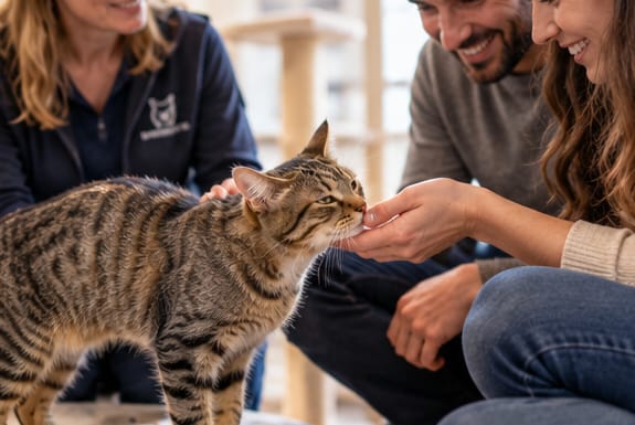 Un chat tigré s’approche de futurs adoptants lors d’une rencontre en famille d’accueil.