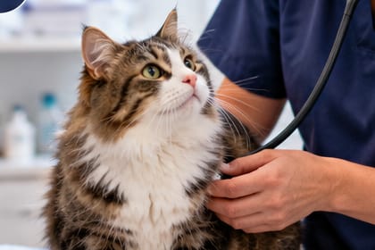 Un vétérinaire ausculte calmement un chat tigré à poils longs.
