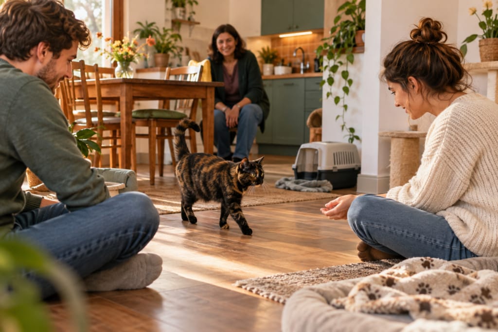 Un chat écaille de tortue s’approche librement de personnes assises dans un foyer accueillant.