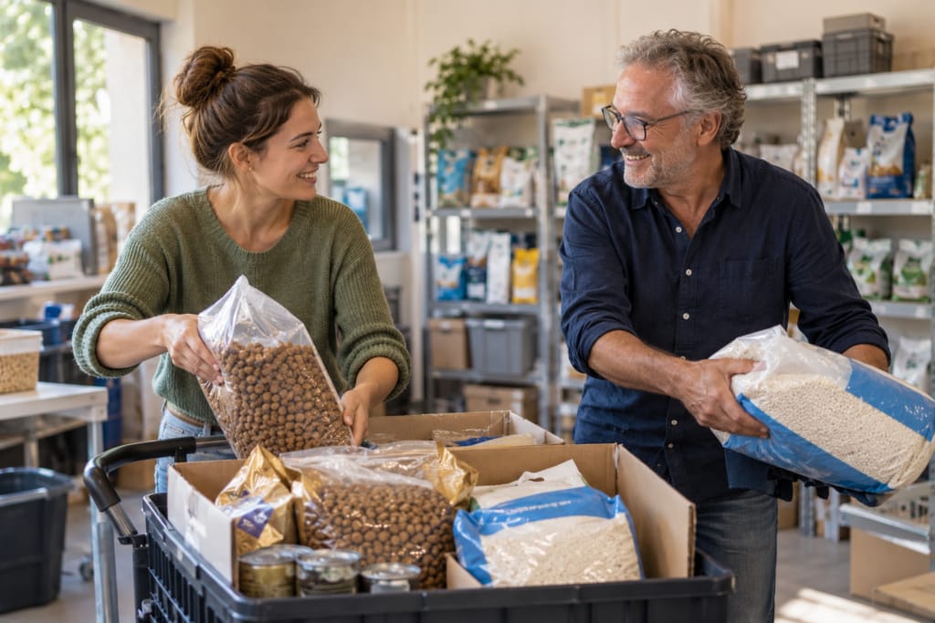 Deux bénévoles trient des sacs de croquettes et de litière dans une salle de stockage associative.