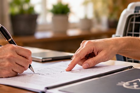 Deux personnes consultent et signent un dossier d’adoption sur une table.