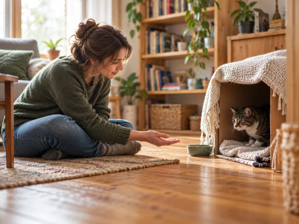 Un chat craintif reste dans sa cachette pendant qu’une personne l’attend calmement à distance.