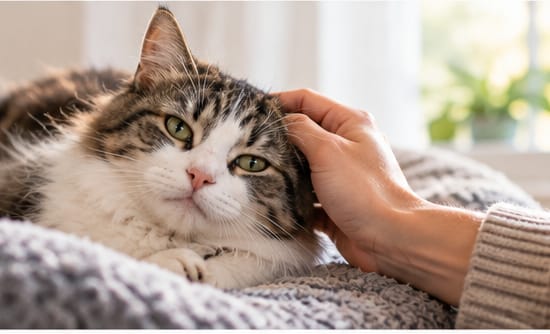 Un chat tigré et blanc se détend sur une couverture pendant qu’une personne le caresse.