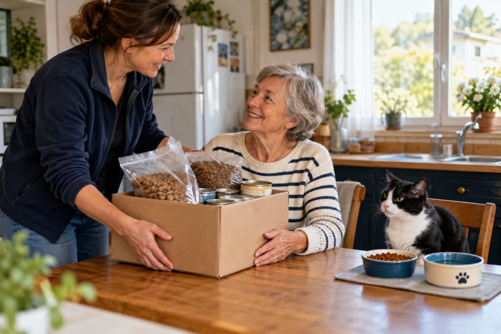 Une femme remet un carton de croquettes et de pâtées à une personne âgée, auprès d’un chat noir et blanc.