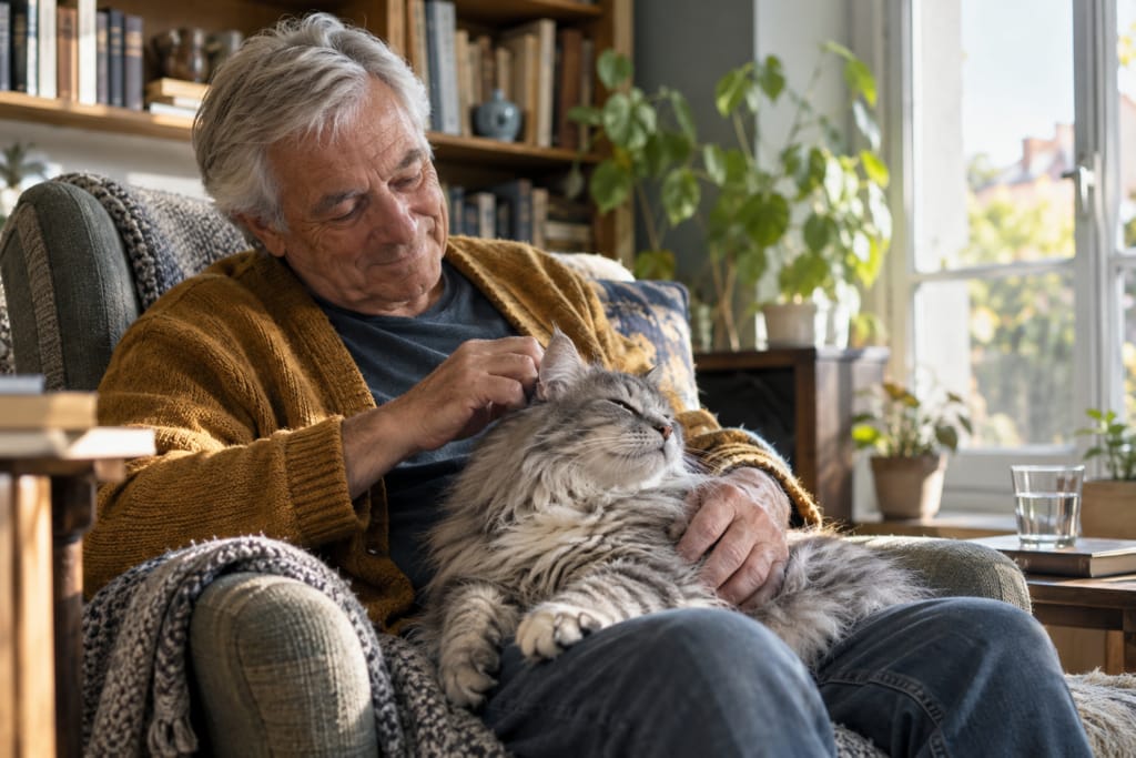 Un homme âgé caresse un chat gris à poils longs endormi sur ses genoux.