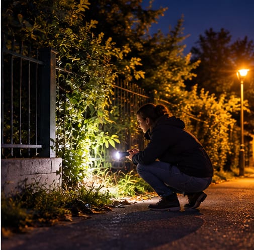 Une personne cherche un chat à la lampe torche près de haies et d’une clôture à la tombée de la nuit.