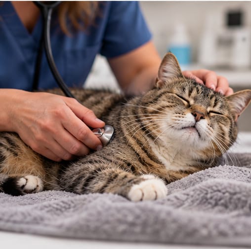Un vétérinaire écoute le cœur d’un chat tigré senior allongé sur une couverture pendant une consultation.