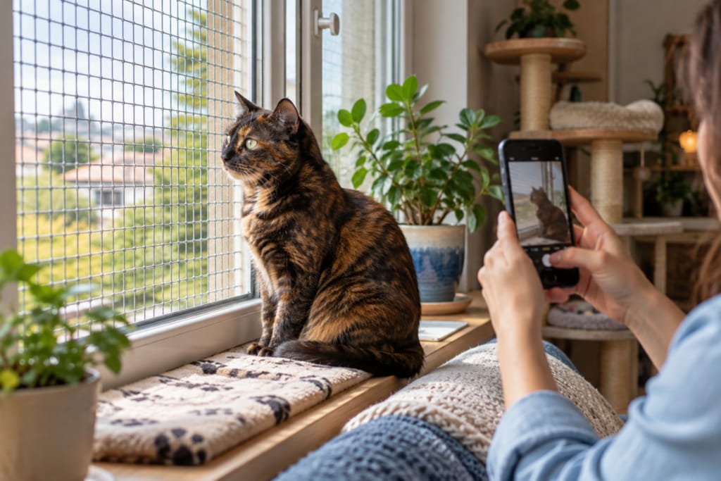 Une personne photographie un chat écaille de tortue installé à l’intérieur près d’une fenêtre protégée par un filet sécurisé.