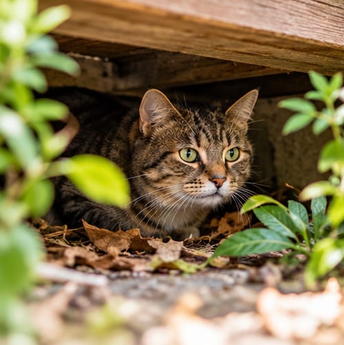 Un chat tigré se tient prudemment à l’abri sous une terrasse entourée de plantes.