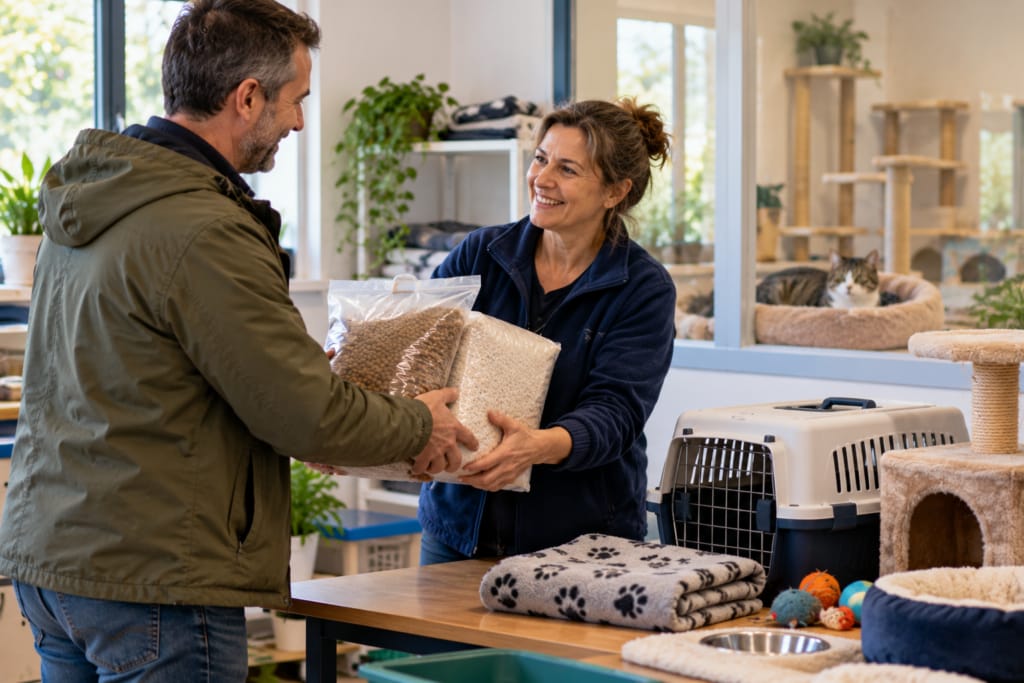 Deux personnes échangent des croquettes et de la litière à côté de couvertures, jouets et caisse de transport pour chats.