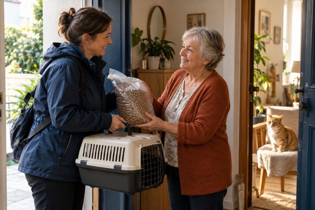 Une femme apporte des croquettes à une personne âgée dont le chat attend dans le logement.