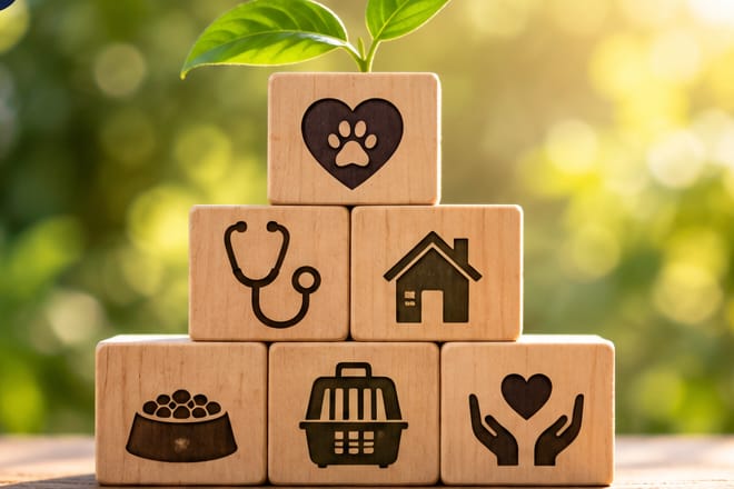 Des cubes en bois illustrés : nourriture, caisse de transport, soins, maison et protection des chats.