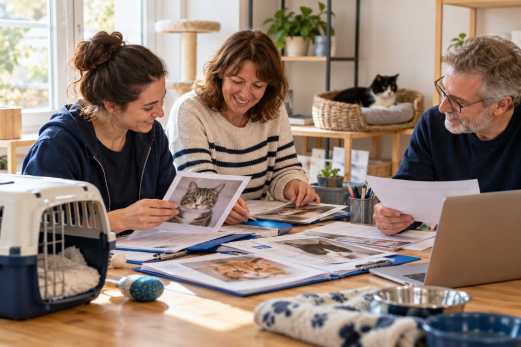 Trois personnes préparent des fiches de chats et des documents d’adoption autour d’une table.