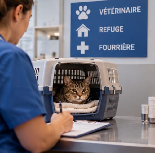 Une professionnelle en tenue vétérinaire prend des notes près d’un chat dans sa caisse, sous un panneau « Vétérinaire, refuge, fourrière ».