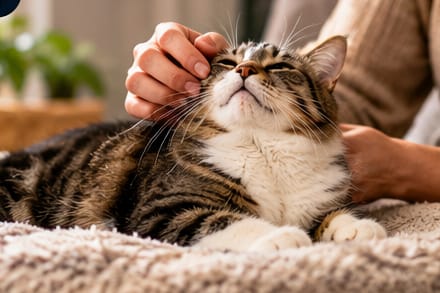 Un chat adulte détendu apprécie les caresses d’une personne dans son foyer.