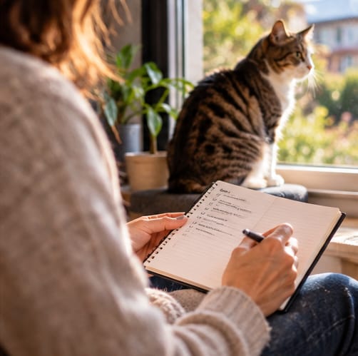 Une personne note les consignes de suivi près d’un chat installé devant une fenêtre.