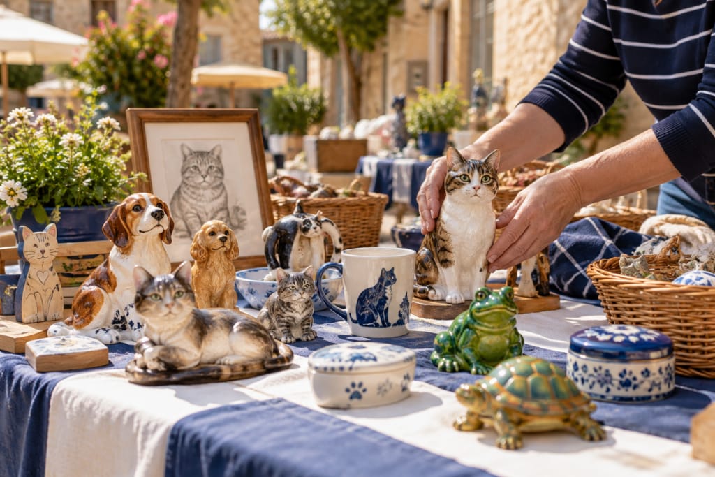 Sur une table de brocante, des figurines et objets décoratifs à l’effigie de chats, de chiens, d’une grenouille et d’une tortue.