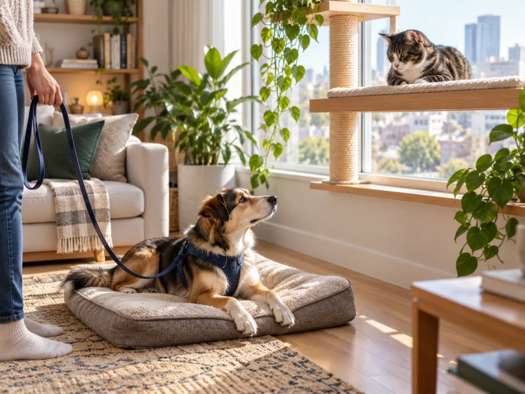 Un chat installé en hauteur près de la fenêtre observe un chien calme, allongé sur son coussin et tenu en laisse.