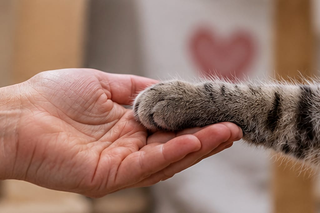 Une main accueille délicatement la patte d’un chat tigré.