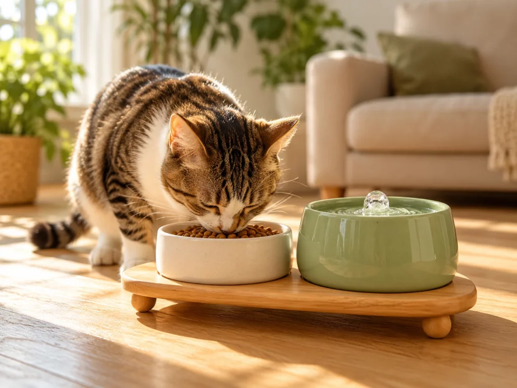 Un chat tigré mange des croquettes à côté de sa fontaine à eau.
