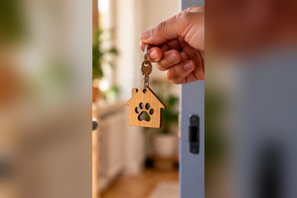 Une main tend des clés avec un porte-clés en forme de maison, avant une garde de chat.