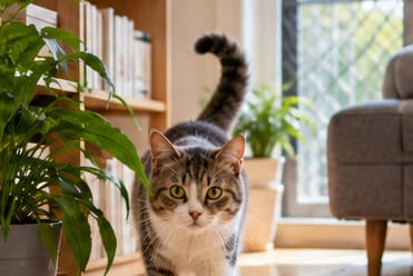 Un chat tigré et blanc s’avance dans un salon lumineux, près d’une fenêtre protégée par une grille.