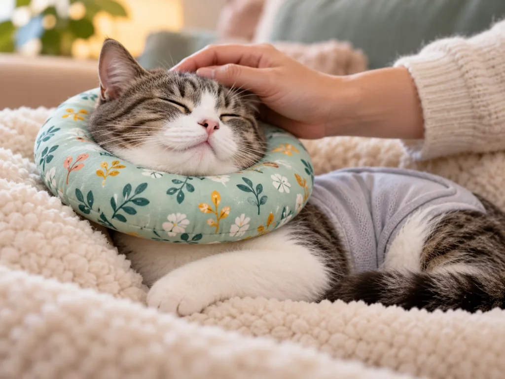 Un chat au repos porte une collerette souple et un body après une intervention, sous une caresse douce.