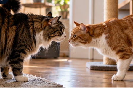 Deux chats, l’un roux et blanc et l’autre tigré, se saluent calmement nez à nez.