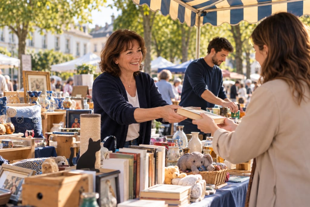 Sur un stand de brocante, une bénévole tend un objet à une visiteuse, devant des livres et des figurines de chats.